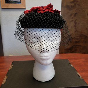 Beautiful Vintage Black Velvet Hat with Red Leaf Cluster on Top